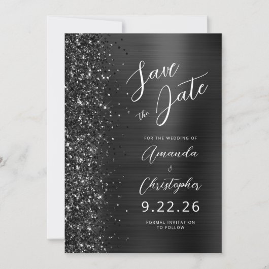 Elegantes Black Brushed Metal Script Save the Date Ankündigung (Vorderseite)