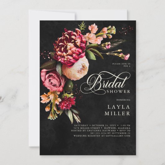 Elegantes Black Burgundy Floral Script-Brautparty Einladung (Vorderseite)