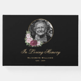 Elegantes Black Burgundy Pink Floral Beerdigung Fo Gästebuch