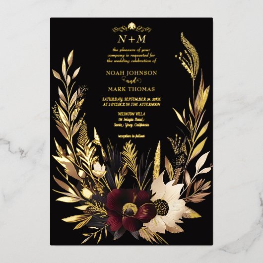 Elegantes Black Burgundy und Gold Floral Boho Folieneinladung (Vorderseite)
