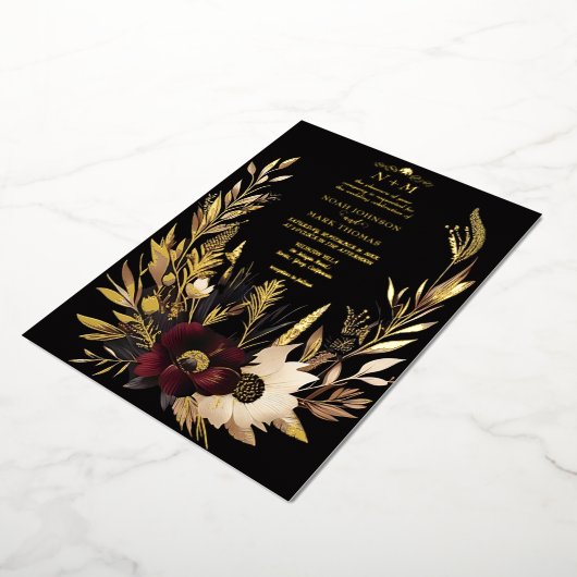 Elegantes Black Burgundy und Gold Floral Boho Folieneinladung (Gedreht)