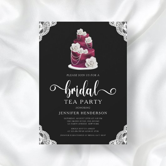 Elegantes Black Cake & Lace Brautparty Tea Party Einladung