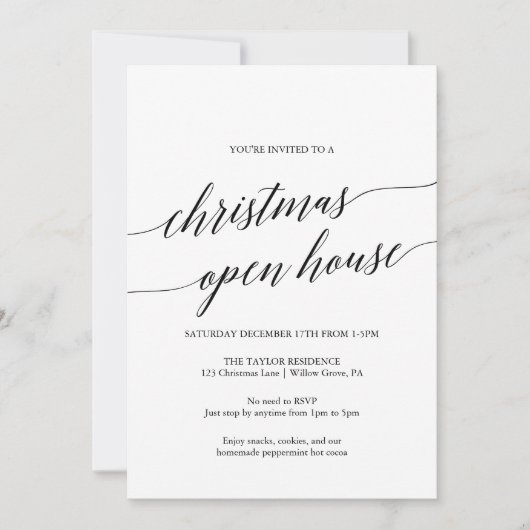 Elegantes Black Calligraphy Christmas Open House Einladung (Vorderseite)