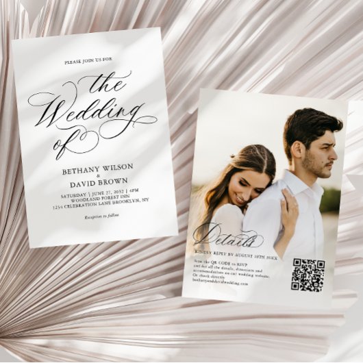 Elegantes Black Calligraphy Foto QR Code Wedding Einladung