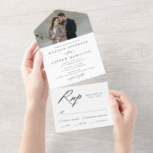 Elegantes Black Calligraphy Foto Wedding All In One Einladung (Abreißen)