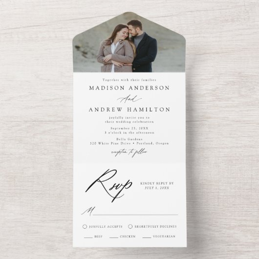 Elegantes Black Calligraphy Foto Wedding All In One Einladung (Innen Boden)