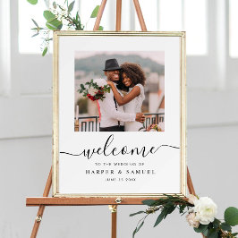 Elegantes Black Calligraphy Foto Wedding Willkomme Poster