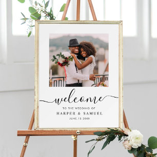 Elegantes Black Calligraphy Foto Wedding Willkomme Poster