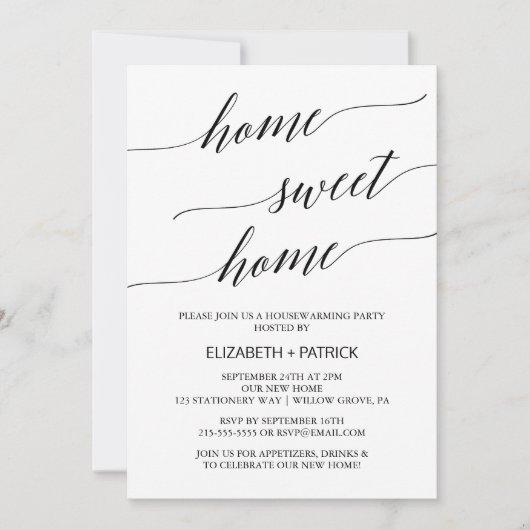 Elegantes Black Calligraphy Housewarming Party Einladung (Vorderseite)
