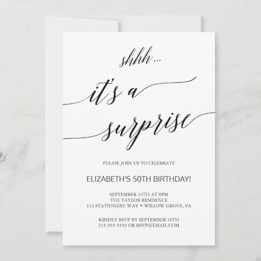 Elegantes Black Calligraphy Surprise Party Einladung (Vorderseite)