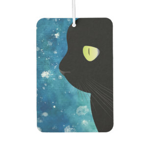 Elegantes Black Cat Portrait in Blue Air Freshener Autolufterfrischer