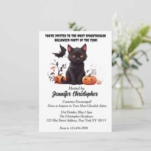 Elegantes Black Cat Spektakuläres Halloween-Party Einladung (Stehend Vorderseite)