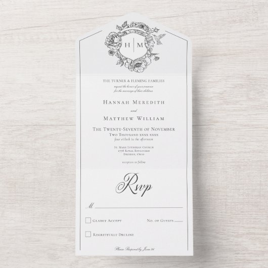 Elegantes Black Chinoiserie Bird Wappen Hochzeit All In One Einladung (Innen Boden)