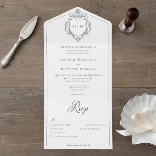Elegantes Black Chinoiserie Bird Wappen Hochzeit All In One Einladung