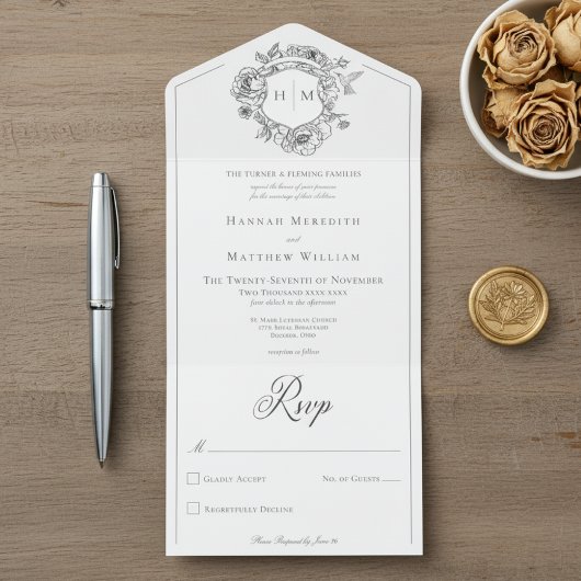 Elegantes Black Chinoiserie Bird Wappen Hochzeit All In One Einladung