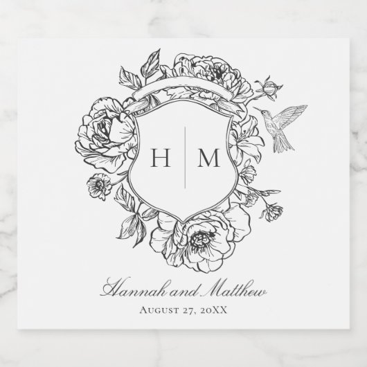 Elegantes Black Chinoiserie Bird Wappen Hochzeit Schaumweinetikett (Einzelnes Label)