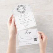 Elegantes Black Chinoiserie Bird Wappen Wedding QR All In One Einladung (Abreißen)