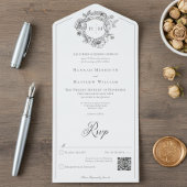 Elegantes Black Chinoiserie Bird Wappen Wedding QR All In One Einladung