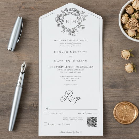 Elegantes Black Chinoiserie Bird Wappen Wedding QR All In One Einladung