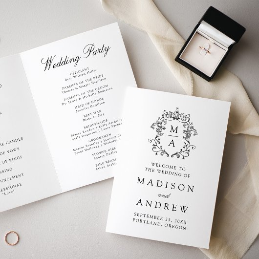 Elegantes Black Chinoiserie Monogram Wappen Weddin Programm