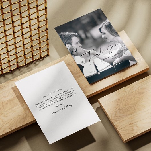 Elegantes Black Cursive Foto Hochzeit Dankeschön C Dankeskarte