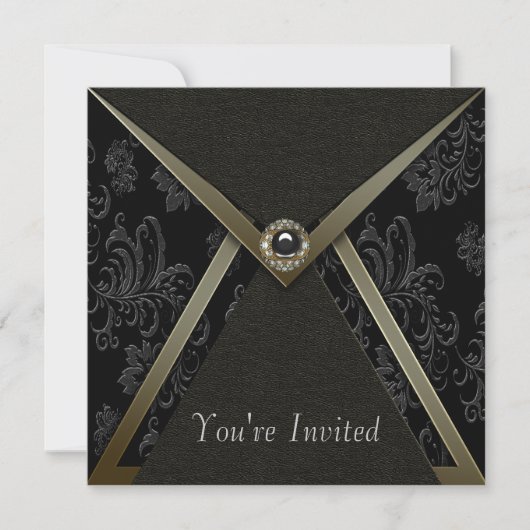 Elegantes Black Damask Black and Gold Party Einladung (Vorderseite)