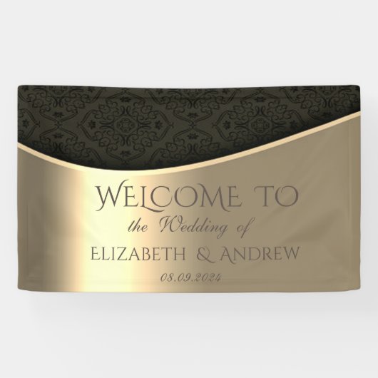 Elegantes Black Damask Gold Wedding Banner (Horizontal)