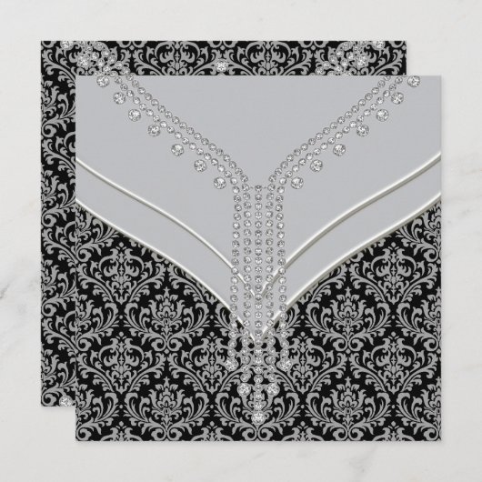Elegantes Black Damask Party Einladung (Vorne/Hinten)