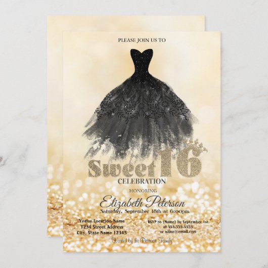 Elegantes Black Dress Gold Bokeh Sweet 16 Party Einladung (Vorne/Hinten)