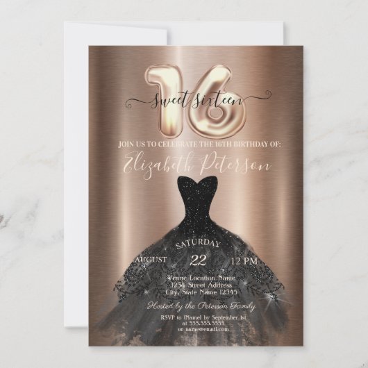 Elegantes Black Dress Metallic Sweet 16 Party Einladung (Vorderseite)