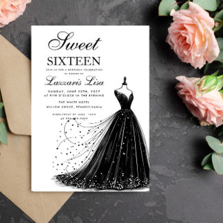 Elegantes Black Dress White 16 . Geburtstag Geburt Einladung