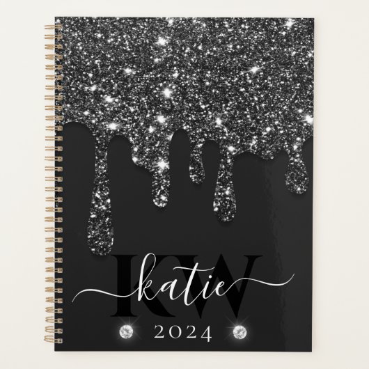 Elegantes Black Dripping Glitzer Monogram Planer (Vorderseite)