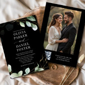 Elegantes Black Eucalyptus QR Code Foto Wedding Einladung