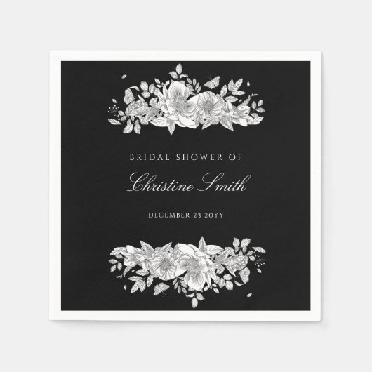 Elegantes Black Floral Brautparty Napkins Serviette (Vorderseite)