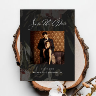 Elegantes Black Floral Foto Hochzeit Sichern Sie d Postkarte