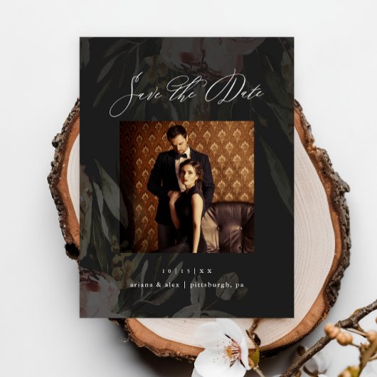 Elegantes Black Floral Foto Hochzeit Sichern Sie d Postkarte