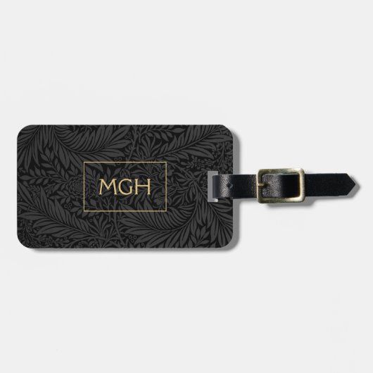 Elegantes Black Floral Gold Monogramm Gepäckanhänger (Vorderseite horizontal)