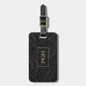 Elegantes Black Floral Gold Monogramm Gepäckanhänger (Vorderseite vertikal)