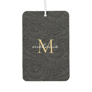Elegantes Black Floral Gold Script Monogram Autolufterfrischer