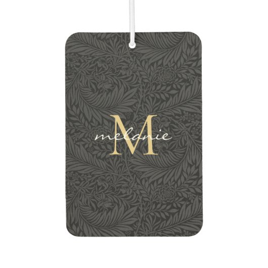 Elegantes Black Floral Gold Script Monogram Autolufterfrischer (Vorderseite)