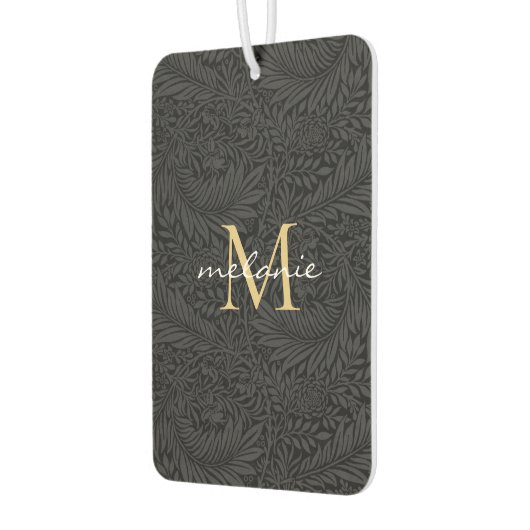 Elegantes Black Floral Gold Script Monogram Autolufterfrischer (Links)