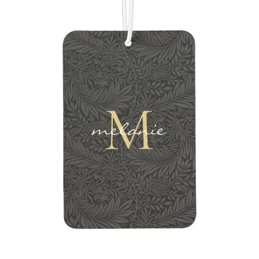 Elegantes Black Floral Gold Script Monogram Autolufterfrischer (Rückseite)