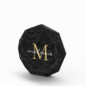 Elegantes Black Floral Gold Script Monogram Fotoblock (Rechts)