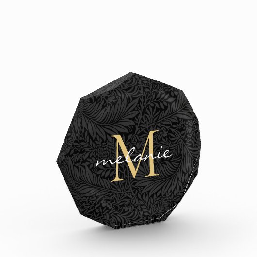 Elegantes Black Floral Gold Script Monogram Fotoblock (Links)