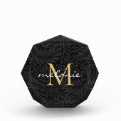 Elegantes Black Floral Gold Script Monogram Fotoblock (Vorderseite)