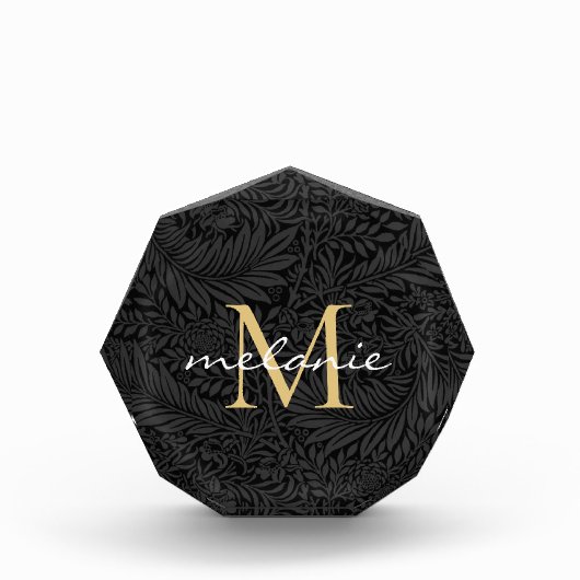Elegantes Black Floral Gold Script Monogram Fotoblock (Vorderseite)