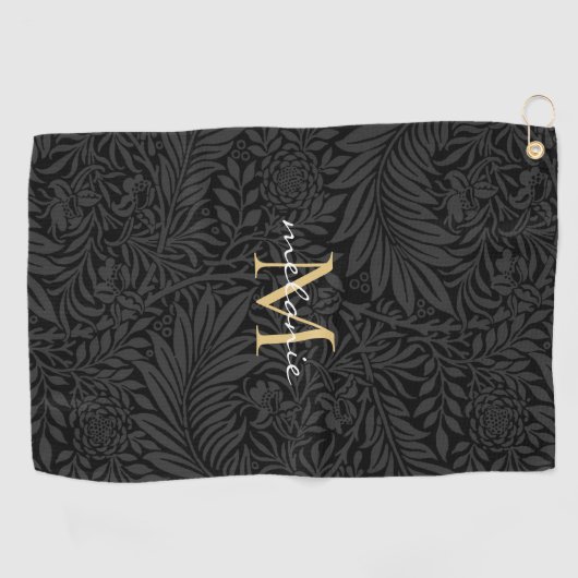 Elegantes Black Floral Gold Script Monogram Golfhandtuch (Horizontal)