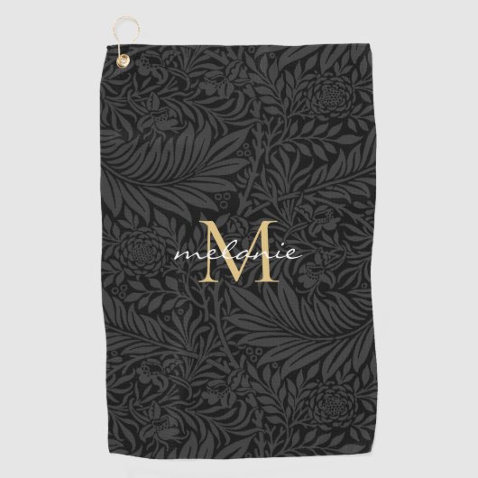 Elegantes Black Floral Gold Script Monogram Golfhandtuch (Vorderseite)
