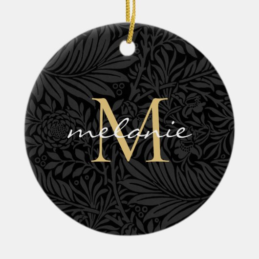 Elegantes Black Floral Gold Script Monogram Keramik Ornament (Vorne)