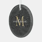 Elegantes Black Floral Gold Script Monogram Ornament Aus Glas (Vorderseite links)